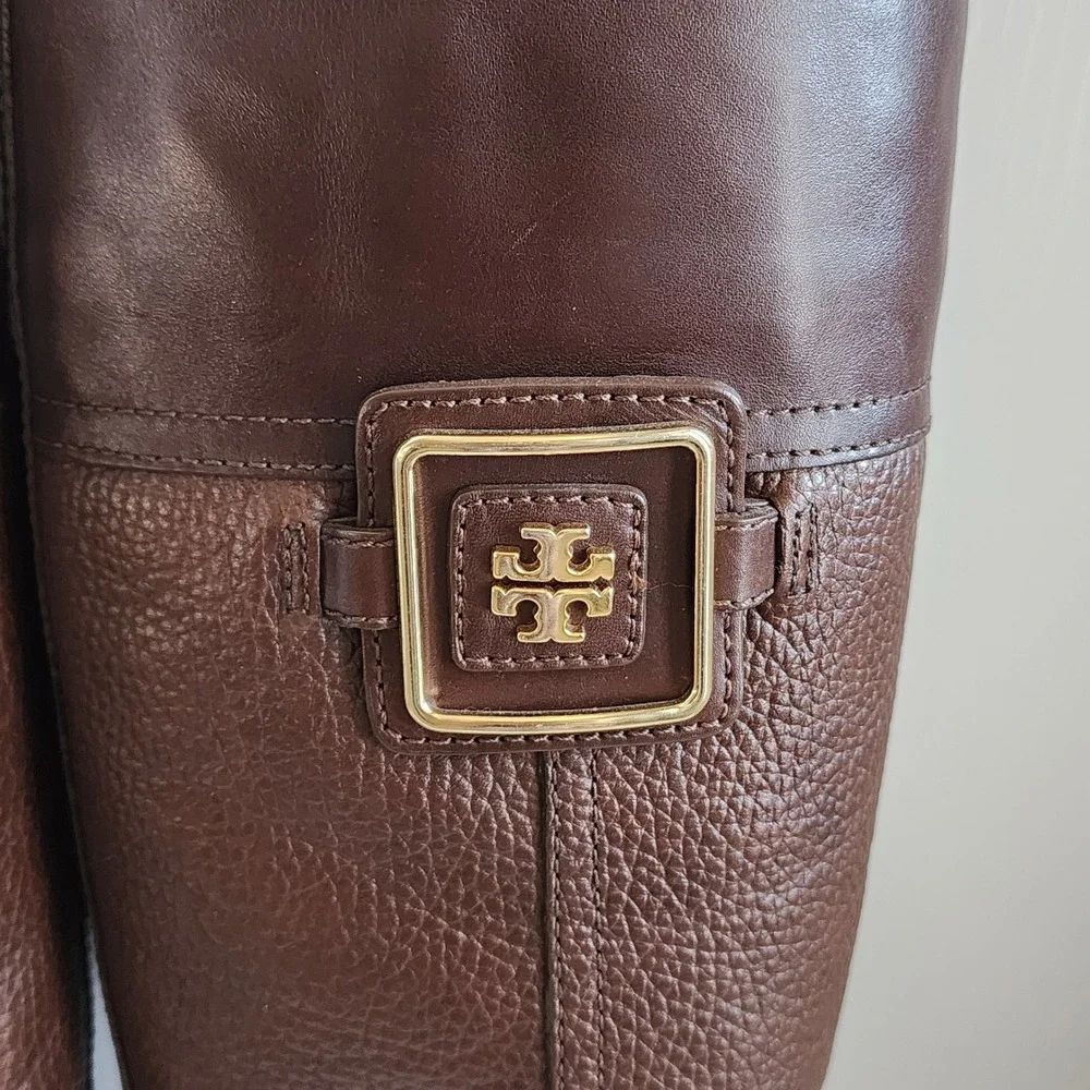 Tory Burch Julian Riding Boot Brown Leather Knee High Gold Logo Buckle Women 6.5